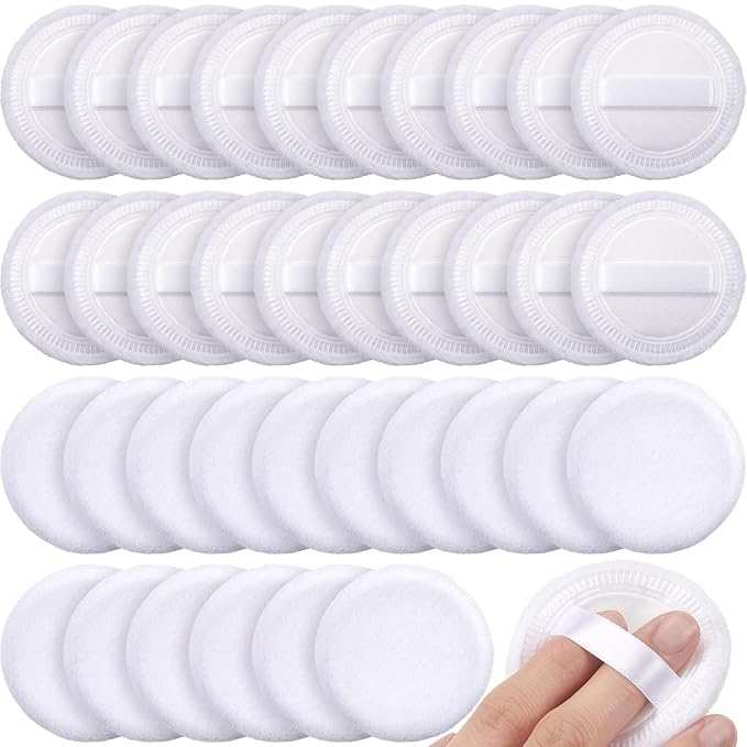 SiliFine 40 Pcs Cotton Powder Puffs Bulk Washable, 2.36 Inch Round Makeup Dusting Powder Puff with Ribbon for Loose and Pressed Powderface Body Cosmetic, White