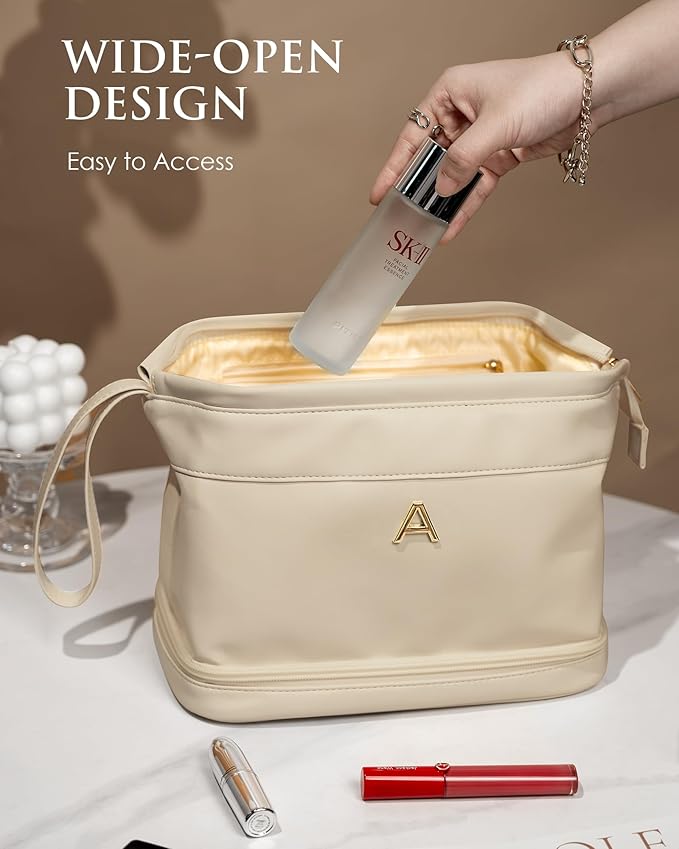 Birthday Gifts for Girls, Initial Large Makeup Bag, Personalized Double Layer Cosmetic Bag with Makeup Brush Organizer, Large Capacity PU Leather Travel Toiletry Bag Travel Stuff for Girls