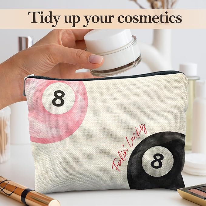 Likjad Retro Pink and Black Lucky 8 Ball Makeup Bag, Funky Preppy Cosmetic Bags for Women, Preppy Stuff Makeup Pouch, Feeling Lucky Zipper Pouch