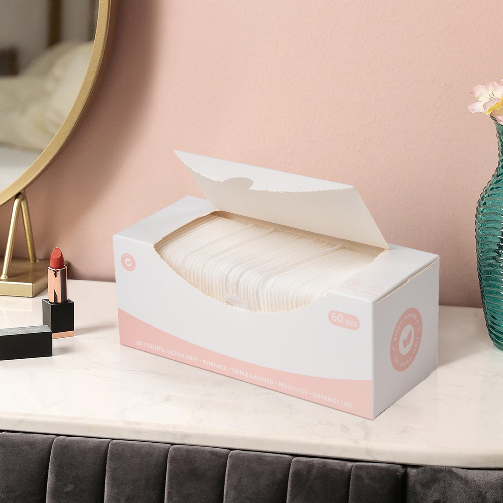 ICOTLE Square Cotton Pads,100% Cotton, Not to Shed or Fall Apart, 60 Count, Unique Triple-Layer Design for Daily Skin Care