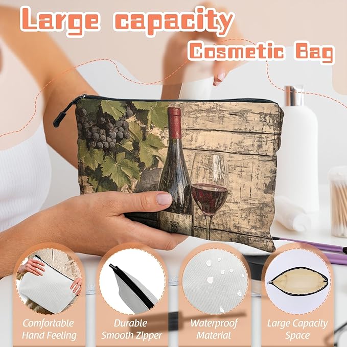 Scribesense Cosmetic Bags Travel Makeup Toilet Case Waterproof Pouch for Women Girls 6.7X9.45inches - Glass And Grapes on An Aged Wooden Background