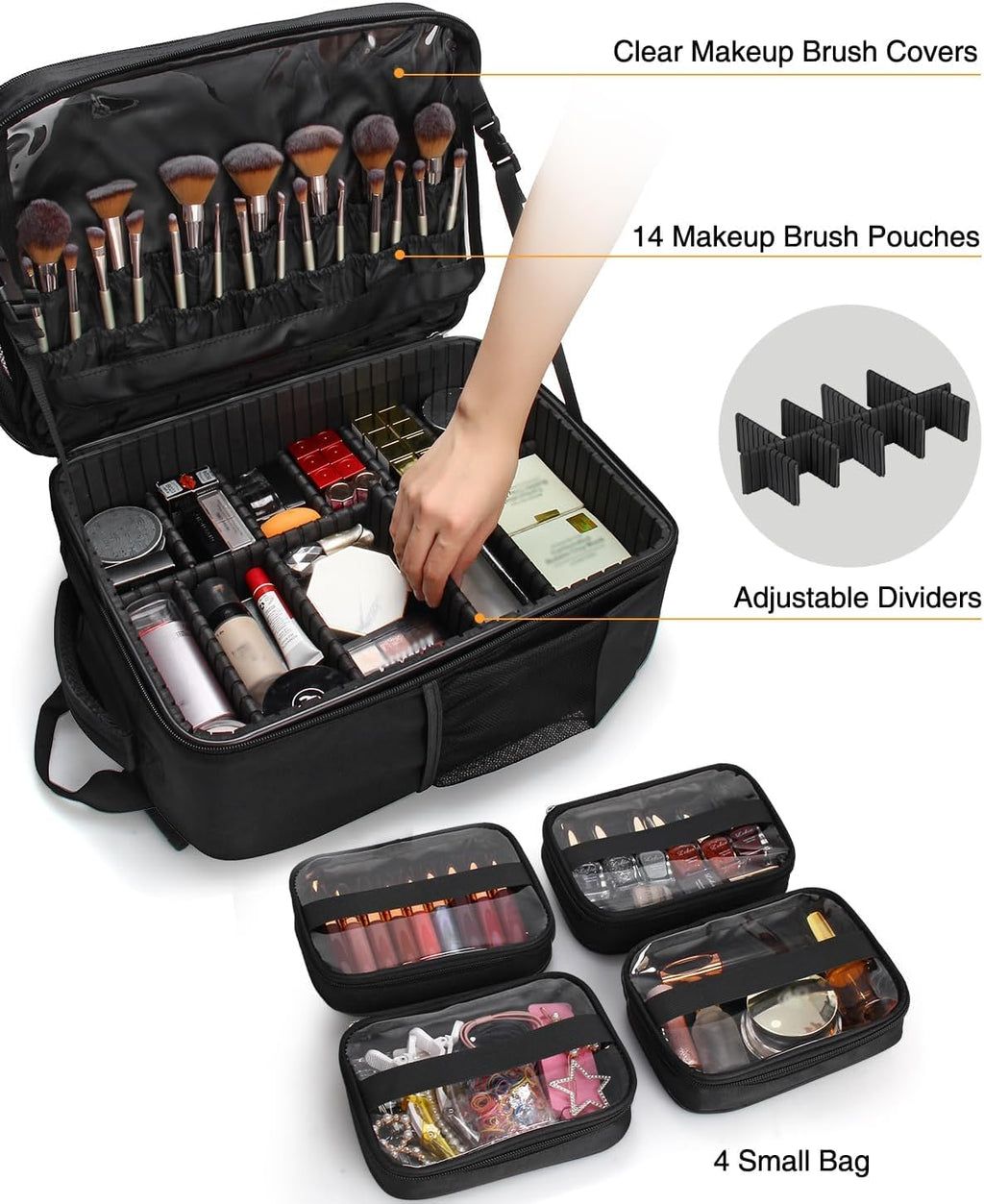 TANTO Makeup Backpack Makeup Artist Bag Professional Extra Large Cosmetic Bags Travel Train Case Storage Organizer Double-Layer Cosmetic Case with 4 Pouch and Brush Organizer (Black, two piece)