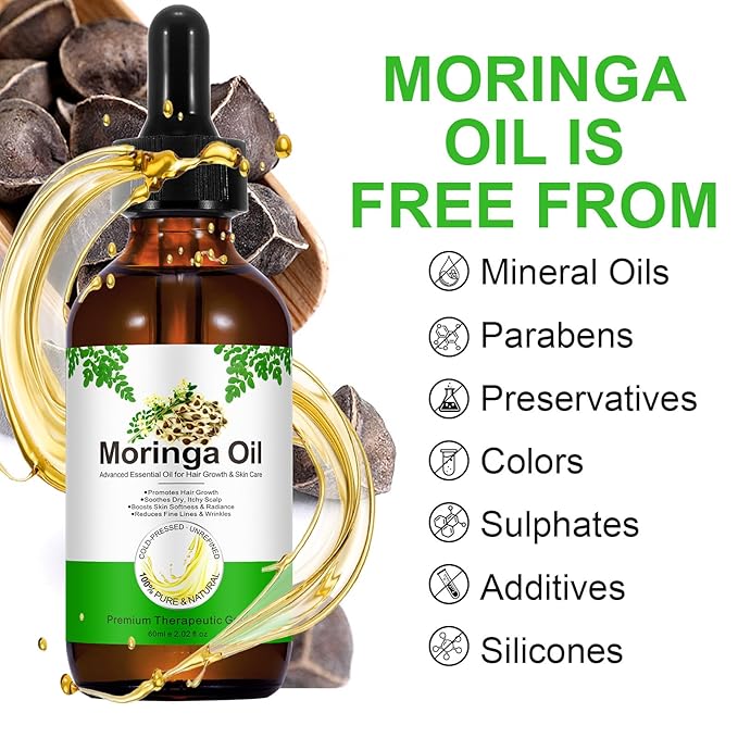 2Pack Moringa Oil 2.02 fl.oz, Pure Natural Organic Cold-Pressed Glass Bottle for Hair Growth, Face, Skin & Body Care, Anti-Aging, Nourish Hair, Scalp & Body Massage