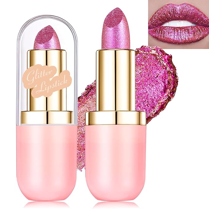 Wugbc Hot Pink Glitter Lipstick with Metallic Finish, Holographic Shimmer Lip Stick Long Lasting Lightweight Hydrating Lip Tinted Non-Sticky Full Coverage Sparkling Lipstick for Women