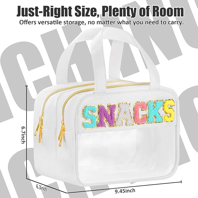 BuyCard Chenille Letter Clear Makeup Bags for Travel, Preppy Patch Nylon Cosmetic Pouch with Handles and Zipper, Waterproof Large Clear Toiletry Purse Storage for Women, White