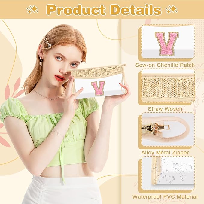Small Boho Straw Initial Letter Makeup Bag Personalized Gift ,Cute Clear Chenille Patch Makeup Bag With Zipper,Trendy TSA Approved Travel Toiletry Bag,Gift for Women Girls Birthday Friend, Letter V