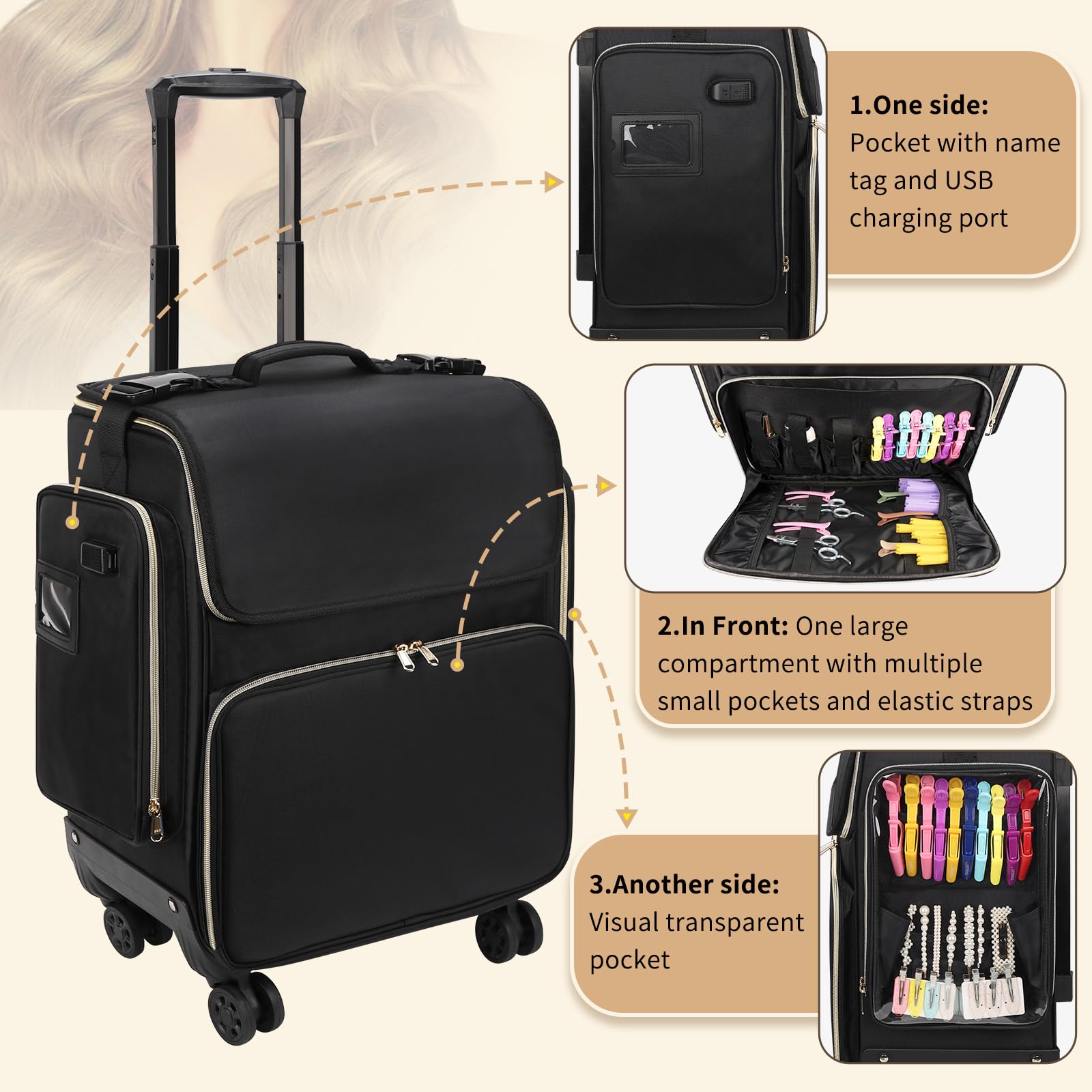 Large Makeup Train Case for Hairstylists & Hairdressers - Cosmetic Organizer with Detachable Pouch, Heat-Insulated & Anti-Scald Full Layer, Hairdressing Tool Storage Trolley with 4 360 Swivel Wheels