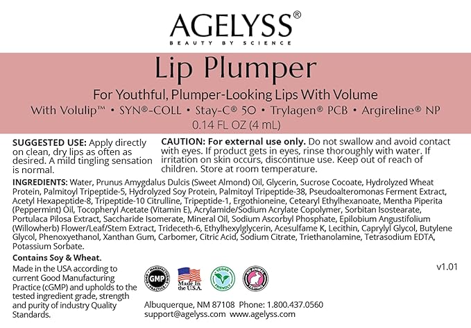 Agelyss Lip Plumper - Deep Hydration - Lip Volume, Collagen Boost, Plumping - Paraben-Free, Cruelty-Free, Vegan -.14 FL OZ - Pack of 6