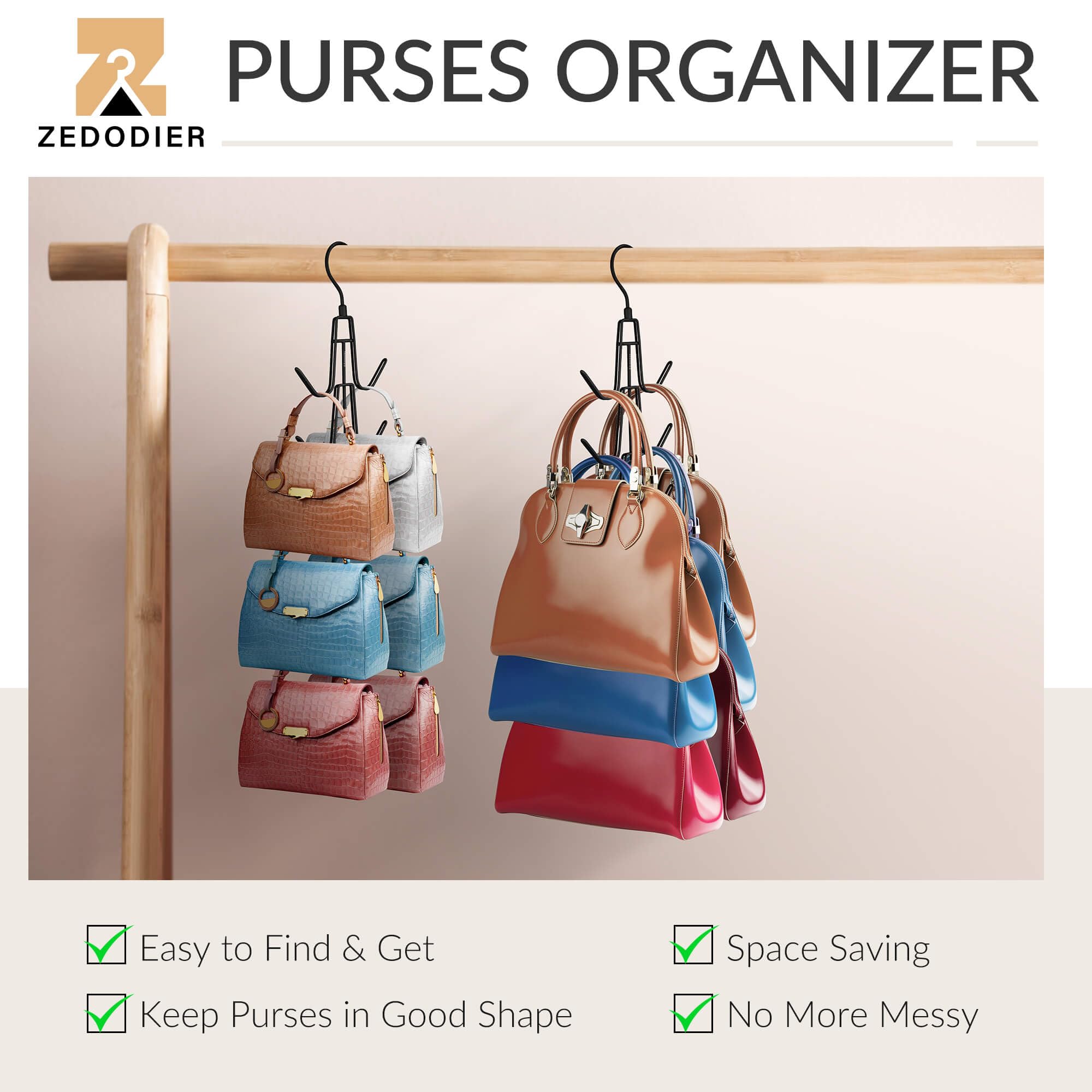 ZEDODIER Purse Hanger, Hanging Purse Organizer for Closet, Holds 6 Bags