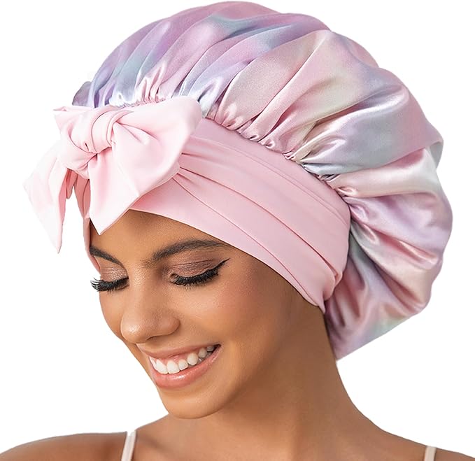 GDTOGRT Satin Silk Bonnet for Sleeping Women, Double Layer Sleep Hair Bonnets Caps for Curly Natural Hair with Tie Band - Aura