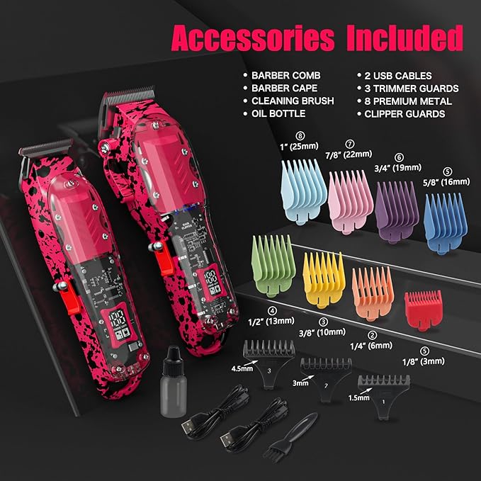 Tuanchuanrp Professional Hair Clippers for Woman, Cordless Barber kit for Hair Cutting & Grooming, Hair Clippers and Trimmer Set for Barber Haircut with LED Display, 8 Fade Taper Combs(Pink Set)