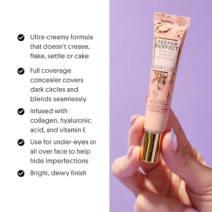 Winky Lux Peeper Perfect Under Eye Concealer, Makeup & Eye Brightener, Full Coverage Concealer for Dark Circles, Color Corrector & Eye Primer, With Collagen, Hyaluronic Acid & Vitamin E (Light Beige)