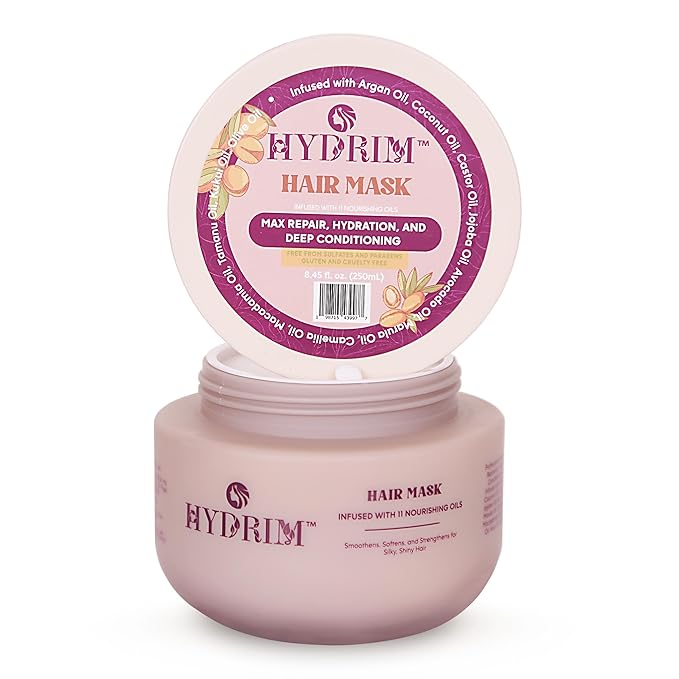 Hydrim Hydrating Deep Conditioning Hair Mask for Dry, Damaged Hair – Infused with Argan Oil & 10 Nourishing Oils, Smooths Frizz, Leaves Hair Soft & Shiny, Fresh Floral Aroma, 8.45 fl oz