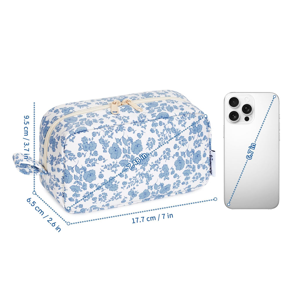 Narwey Small Makeup Bag for Purse Travel Makeup Pouch Mini Cosmetic Bag Zipper Pouch for Women (Blue Flower, Small)