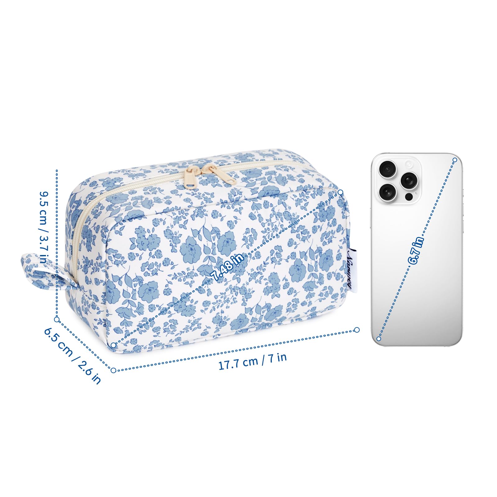 Narwey Small Makeup Bag for Purse Travel Makeup Pouch Mini Cosmetic Bag Zipper Pouch for Women (Blue Flower, Small)