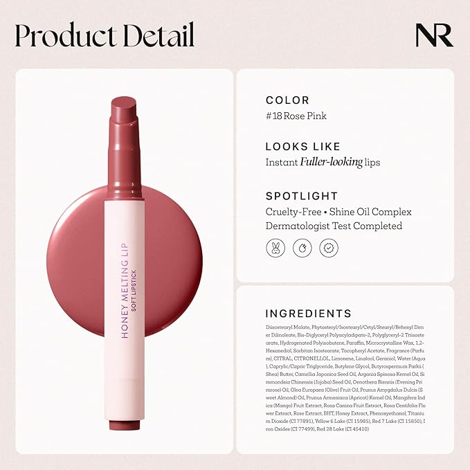 Nature Republic HONEY MELTING LIP (18 ROSE PINK) | SOFT LIP STICK, Hydrating Gloss, Moisturizing balms, Sheer tint, Shine & Nude, Glowy Finish, korean make up