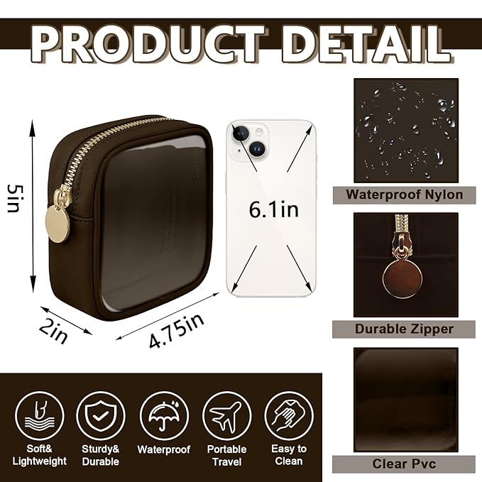 UIXIZQ Clear Mini Makeup Bag for Purse, Small Nylon&PVC Cosmetic Travel Bag TSA Approved Toiletry Bag with Zipper, Preppy Transparent Makeup Travel Bag Coin Purse for Women Men Girls(Mini-Chocolate)