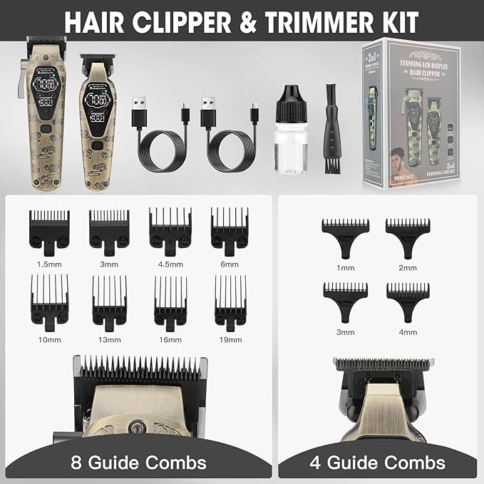 QREEYX Professional Hair Clipper for Men - Cordless Clippers and Trimmers Set, Heavy-Duty Motor Hair Cutting Kits with LED Display, 7000RPM High-Power Motor, USB Charging, Gifts for Men, Bronze