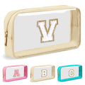 Personalized Initial Letter Clear Makeup Bag,Preppy Small Nylon&PVC Cosmetic Zipper Bag with Chenille Letter,Portable Beach Travel Skincare Toiletry Bag,Trendy Monogram Gift for Teen Girls Women,V