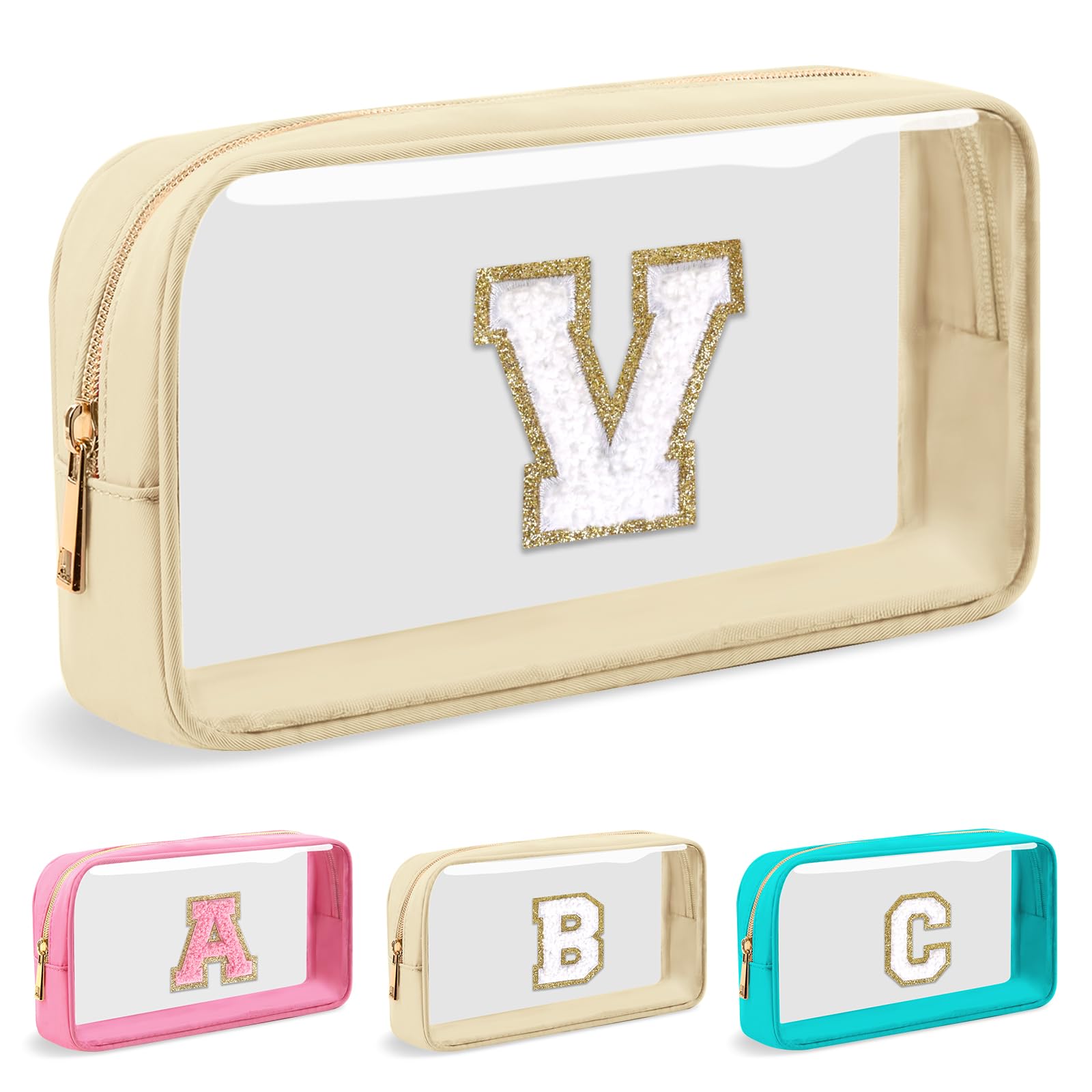 Personalized Initial Letter Clear Makeup Bag,Preppy Small Nylon&PVC Cosmetic Zipper Bag with Chenille Letter,Portable Beach Travel Skincare Toiletry Bag,Trendy Monogram Gift for Teen Girls Women,V
