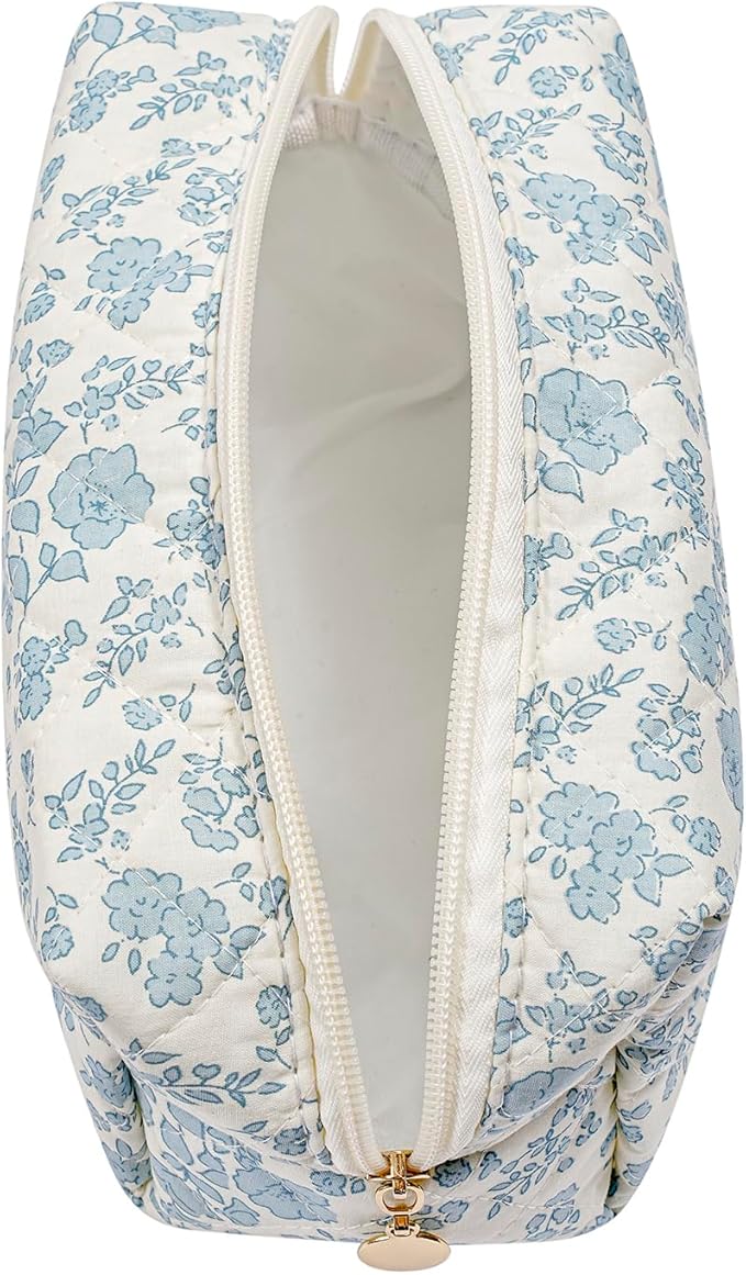 HHQQWZ Makeup Bag Travel Cosmetic Bag for Women Girls, Zipper Make Up Pouch, Floral Flowers Toiletry Organizer Makeup, Portable Storage Cosmetic Travel Cloth Bag (Blue Floral)