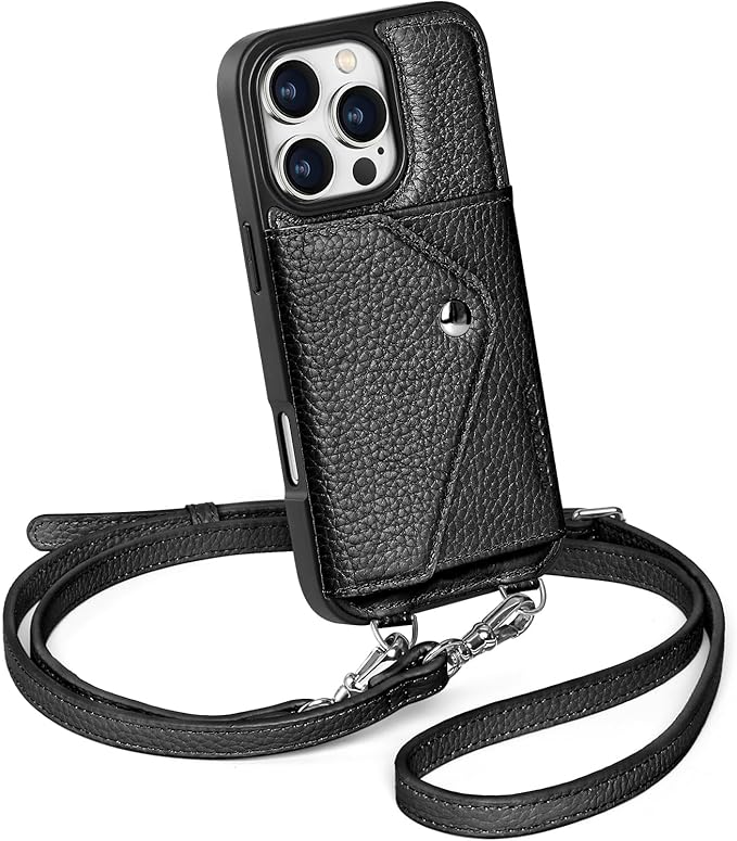 LUCKYCOIN Crossbody Phone Case for iPhone 16 Pro,100% Genuine Leather Phone Wallet Case for Women, Premium Hands-Free Phone Purse with Expandable Flip Card Holder & Adjustable Strap - Pebble Black
