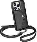 LUCKYCOIN Crossbody Phone Case for iPhone 16 Pro,100% Genuine Leather Phone Wallet Case for Women, Premium Hands-Free Phone Purse with Expandable Flip Card Holder & Adjustable Strap - Pebble Black