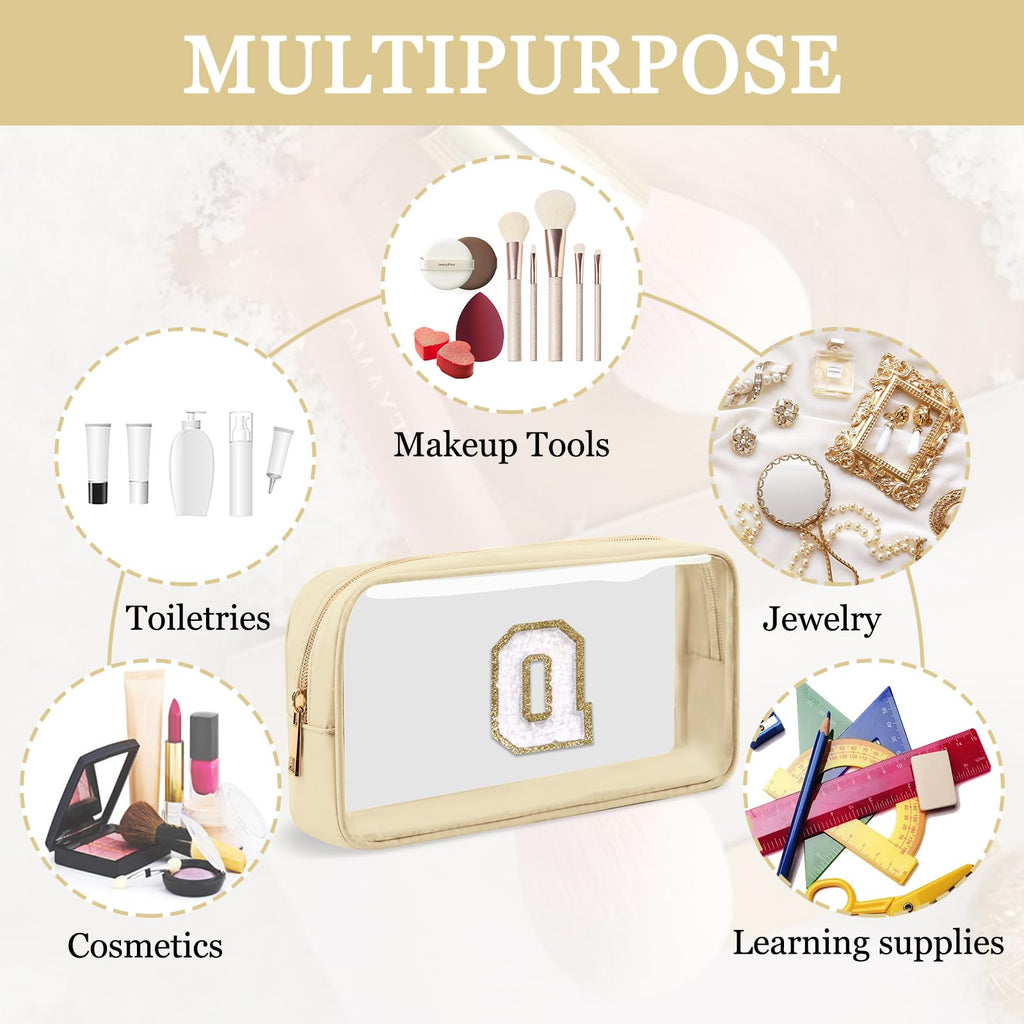 Small Clear Personalized Initial Makeup Bag, Preppy Nylon A-Z Chenille Letter Patch Makeup Organizer TSA Approved Travel Toiletry Bag,Waterproof Zip Beach Cosmetic Pouch Purse for Women(Beige-White Q)