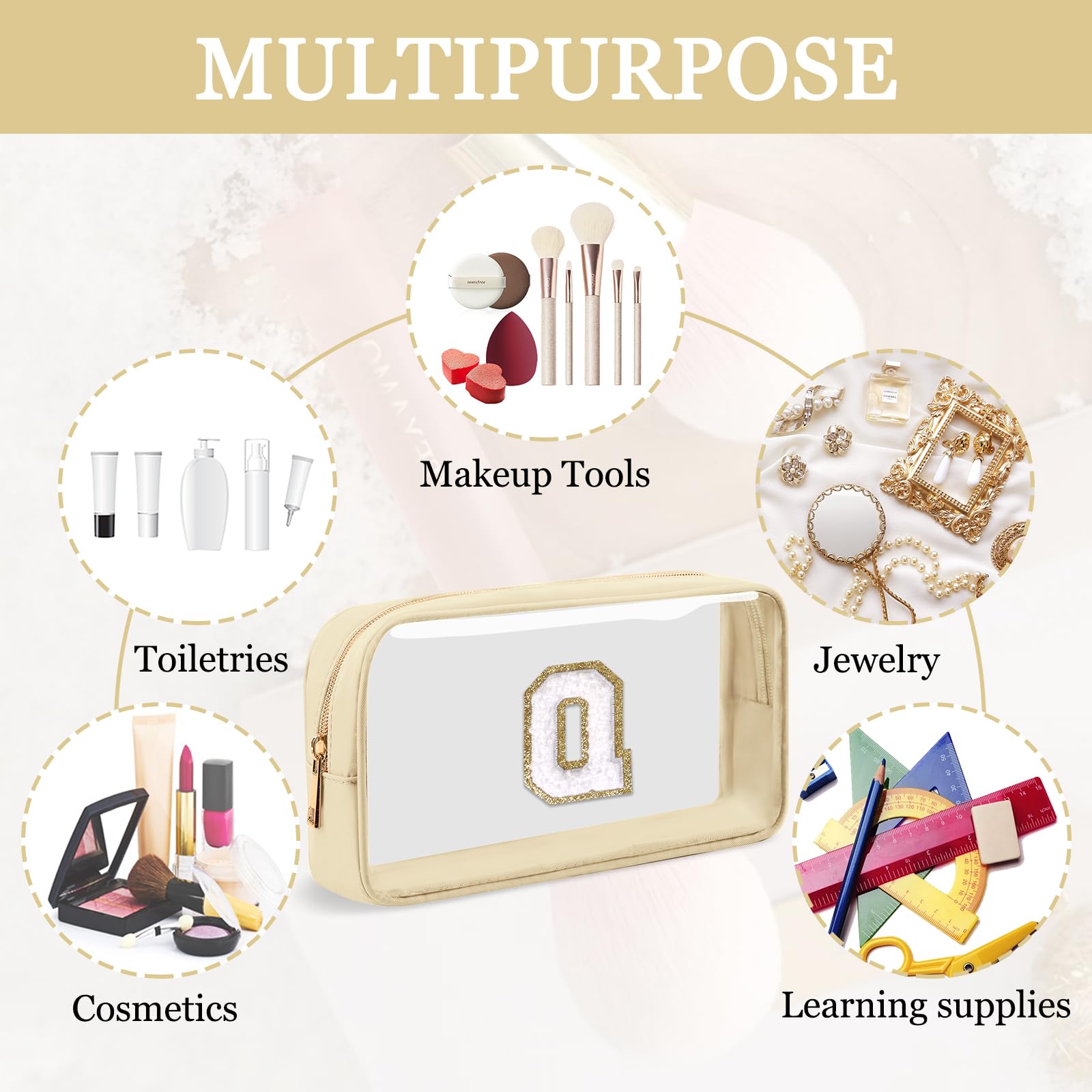 Small Clear Personalized Initial Makeup Bag, Preppy Nylon A-Z Chenille Letter Patch Makeup Organizer TSA Approved Travel Toiletry Bag,Waterproof Zip Beach Cosmetic Pouch Purse for Women(Beige-White Q)