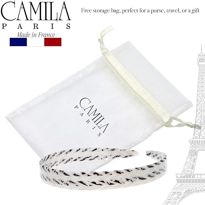 Camila Paris CP3468 French Headband for Women, Handmade White and Gray, Strong Hold Grip Women's Hair Band, Ligth and Very Flexible, No Slip Durable Styling Girls Hair Accessories, Made in France