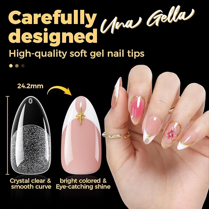 UNA GELLA 600 Pcs Almond Gel Nail Tips, Pre Etched Medium Almond Nail Tips