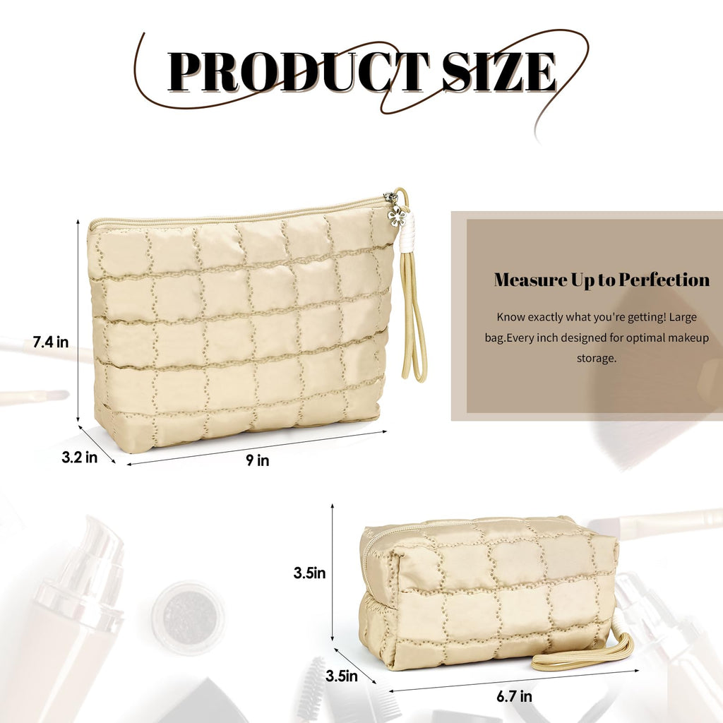 Richeart Makeup Bag Travel Toiletry Bag - Checkered Down Cotton Makeup Pouch for Women with Cosmetic and Pencil, Aesthetic Khaki Design, Small