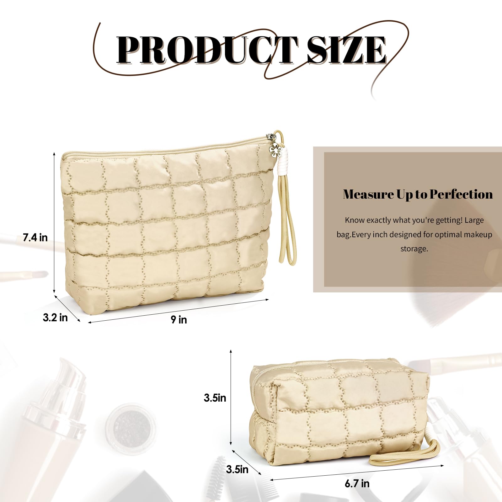 Richeart Makeup Bag Travel Toiletry Bag - Checkered Down Cotton Makeup Pouch for Women with Cosmetic and Pencil, Aesthetic Khaki Design, Small