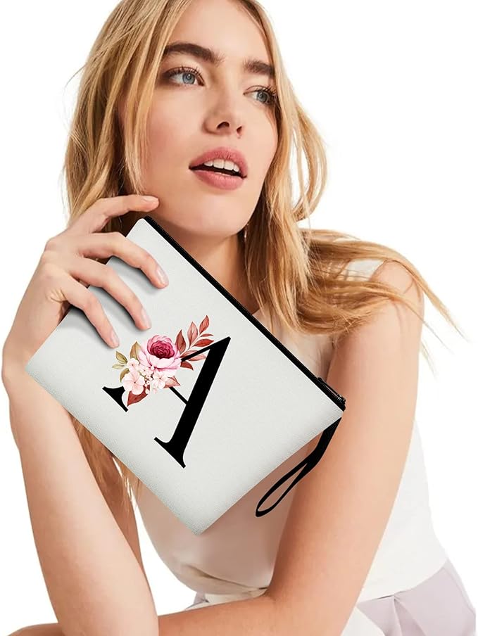Vavabox A-Z Personalized Makeup Bag, Birthday Gifts for Women Mom, Gifts for Best Friend, Bride Bridesmaid Cosmetic bag (A, 01-White)