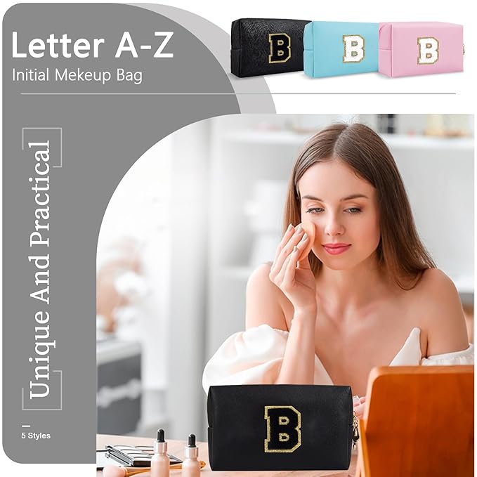 Personalized Initial A-Z Preppy Patch Makeup Bag,Small PU Chenille Letter Cosmetic Bag with Zipper for Teen Girls,Black Cute Toiletry Organizer Bag,Monogram Makeup Case Gift for Women Girls,Letter B