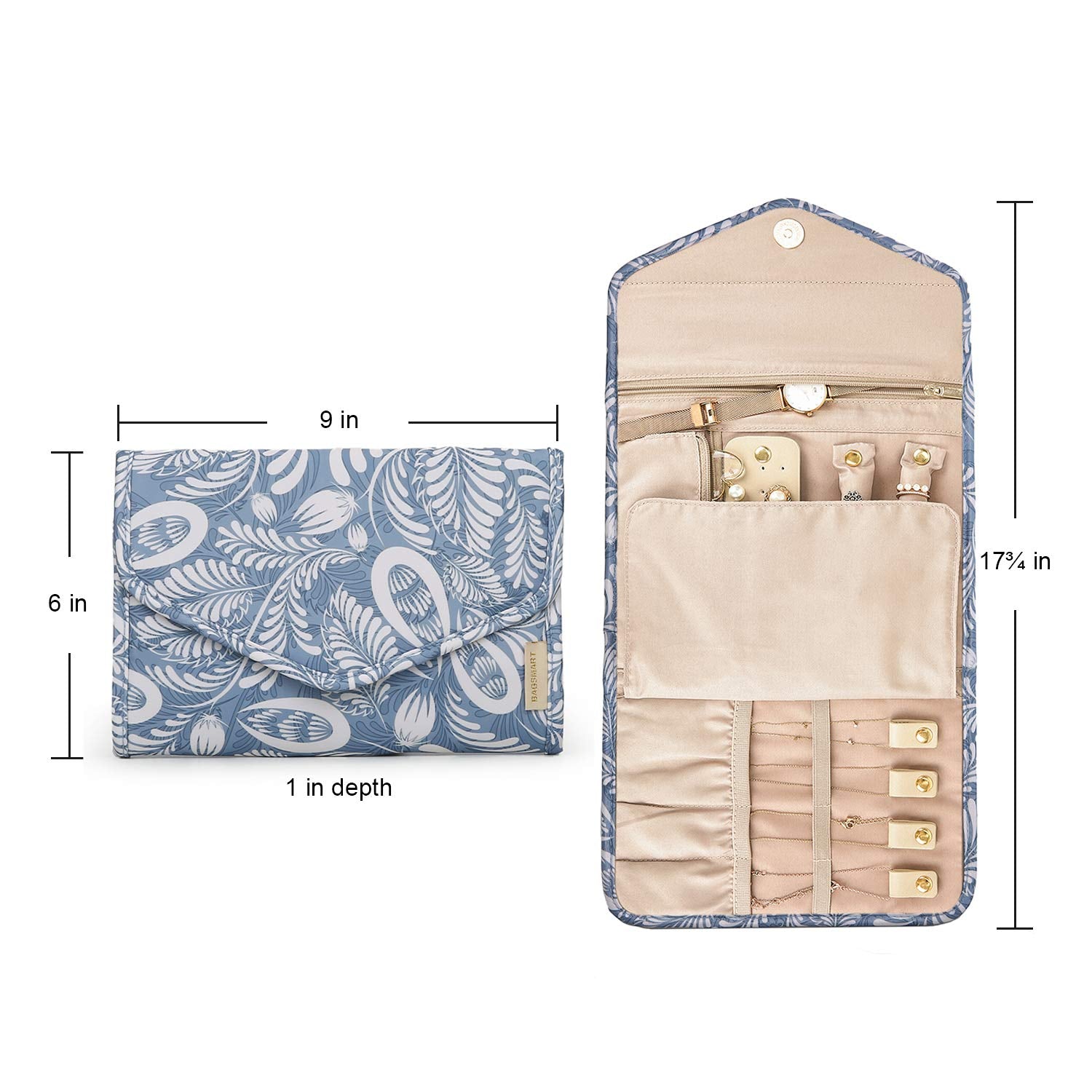 BAGSMART Travel Jewelry Organizer Roll Foldable Jewelry Case, White Leaf
