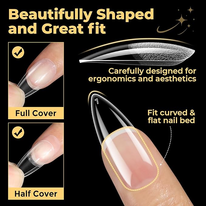 UNA GELLA 600Pcs Medium Stiletto Gel Nail Tips, Pre Etched Medium Stiletto Press on Nails & Sharp Almond Shape Full Cover Soft Gel Nails Tips for Nail Extensions DIY Art Salon 12 Sizes at Home