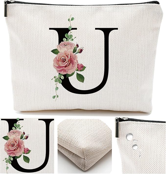 Comanro Initial A-Z Personalized Letter Makeup Bag, Monogrammed Bridesmaid Gifts Presents Cosmetic Bag, Portable Stationery Storage Organizer Pouch, Friendship Love Travel Makeup Bags