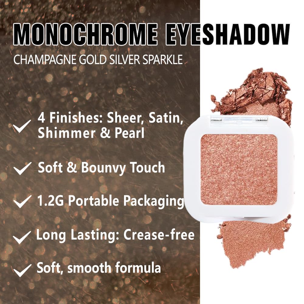 FeiCuiYun Glittler Single Eye Shadow Palette Makeup, Champagne Gold Sparkle Shimmer Monochrome Eyeshadow For Older Women, Pigmented Waterproof Sombras Para Ojos, Vegan, Talc, Paraben&Cruelty Free, 01
