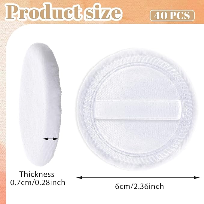 40 Pcs Washable Soft Makeup Powder Pads Cotton Bulk, White Round Cosmetic Face Powders Makeup Puffs with Ribbon, for Loose Setting Blending Foundation Cream Pressed Body Powders