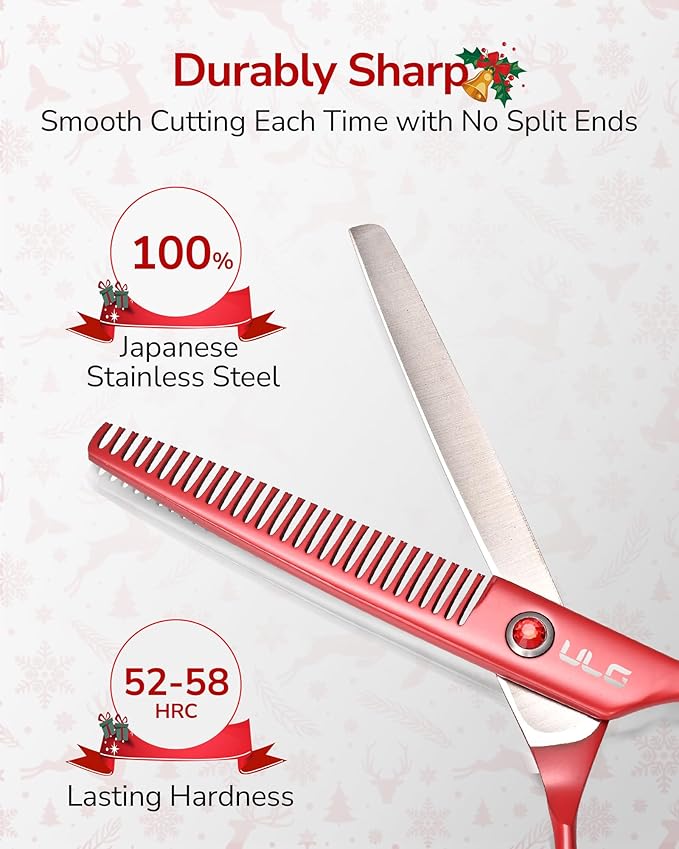 ULG 6.5" Hair Thinning Scissors, Japanese Stainless Steel, Professional Texturizing Shears, Barber’s 30-Tooth Blending Thinner for Stylist & Home Use, Gifts for Women Men Family Red