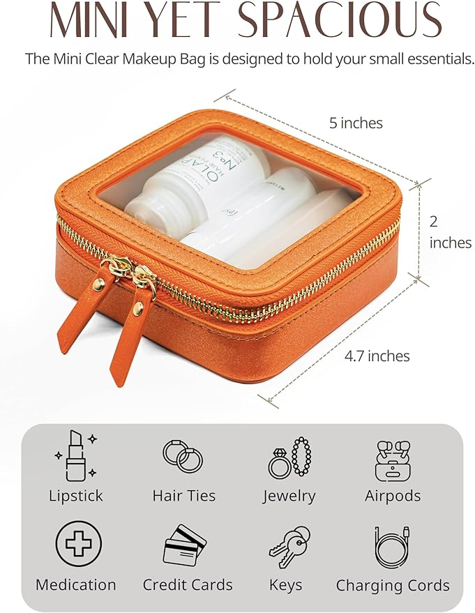 Popvibe Clear Makeup Bag with Zipper Small Travel Cosmetic Case Orange Mini Pouch for Purse Accessories Car Storgae Essentials Bag Purse Pouch Organizer Compact Small Clear Toiletry Bag for Traveling