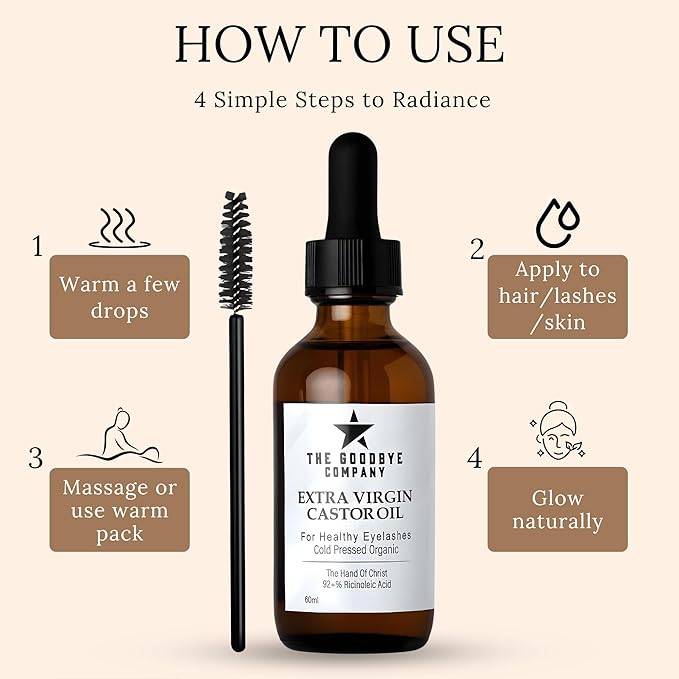 The Goodbye Company USDA Organic Castor Oil for Eyelashes and Eyebrows Growth, 100% Pure Cold-Pressed, Hexane-Free 60ml with Applicator, Handcrafted in Florida for Hair, Skin & Lashes