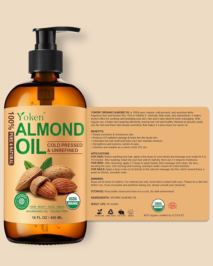 Yoken Organic Almond Oil 16 oz Glass Bottle, Cold Pressed for Skin & Hair