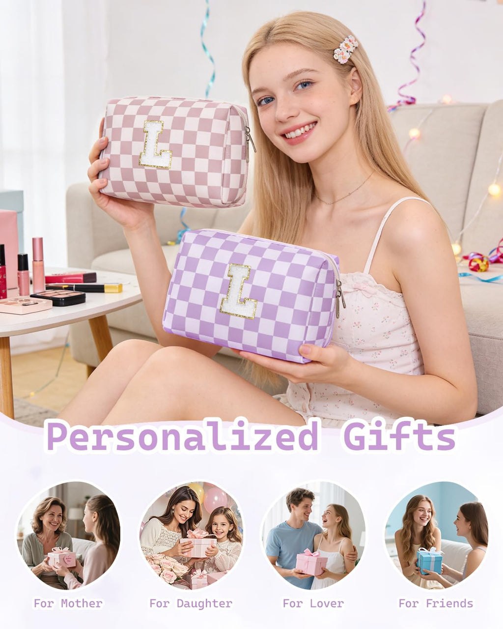 Narwey Birthday Gifts for Women Teen Girls Kids Personalized Initial Makeup Bag Monogram Preppy Cosmetic Bag Trendy Stuff 6 8 10 11 12 13 14 16 18 Years Old Travel Toiletry Bag (Purple Letter L)