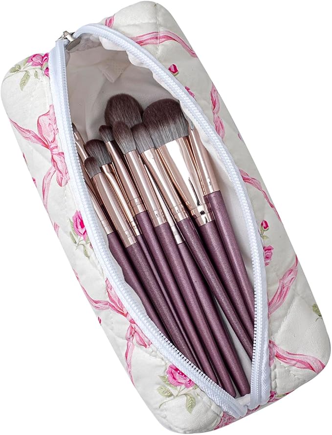 HHQQWZ Cute Floral Cotton Makeup Brush Cosmetic Bag for Women, Travel Quilted Zipper Make Up Bag, Flowers Toiletry Organizer Case Kawaii Makeup Cosmetic Travel Cloth Pouch (Pink+Pink Bowknot)