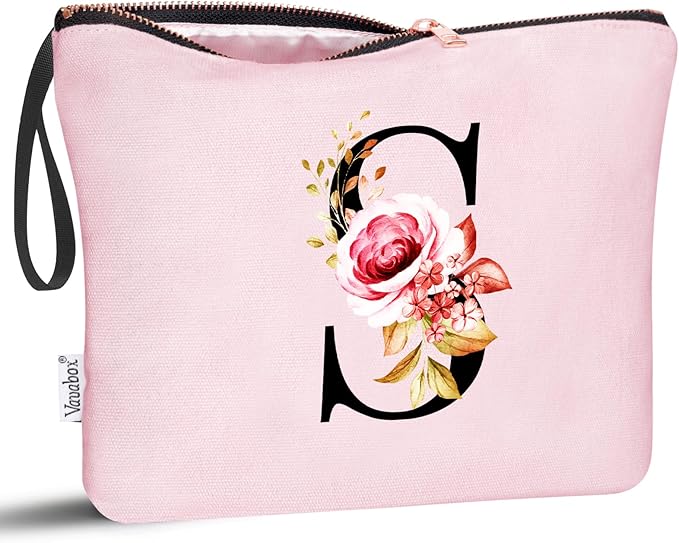 Vavabox A-Z Personalized Makeup Bag, Birthday Gifts for Women Mom, Gifts for Best Friend, Bride Bridesmaid Cosmetic bag (S, 06-Pink)