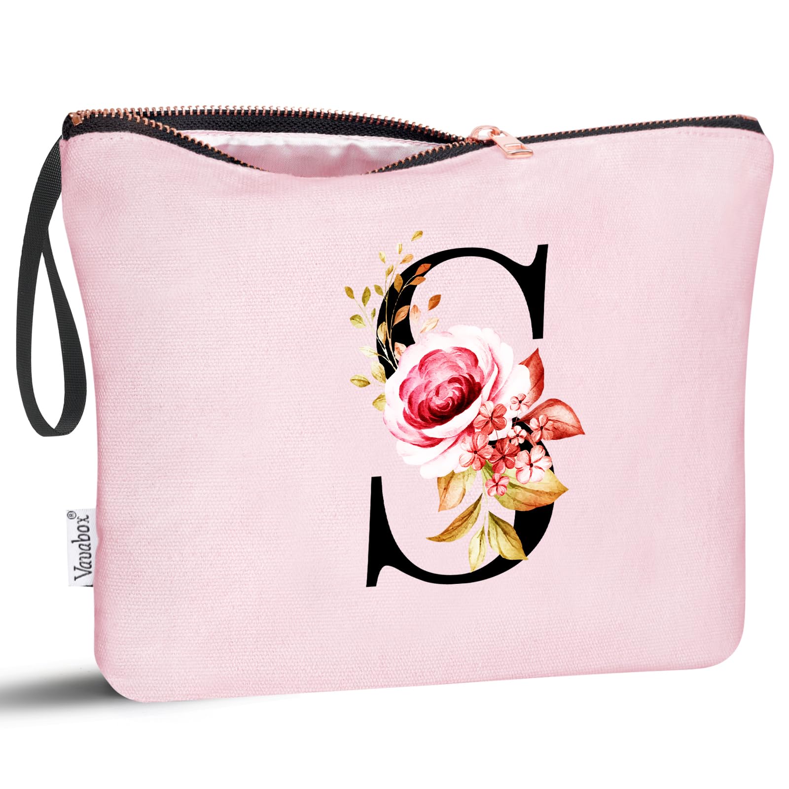 Vavabox A-Z Personalized Makeup Bag, Birthday Gifts for Women Mom, Gifts for Best Friend, Bride Bridesmaid Cosmetic bag (S, 06-Pink)