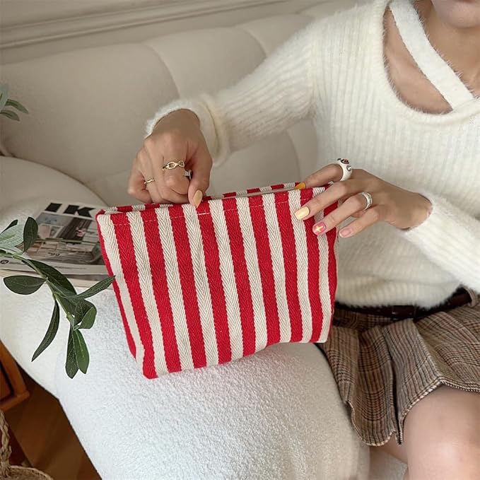 Flat Makeup Bag for Women,Zipper Cosmetic Pouch for Purse,Stripe Red