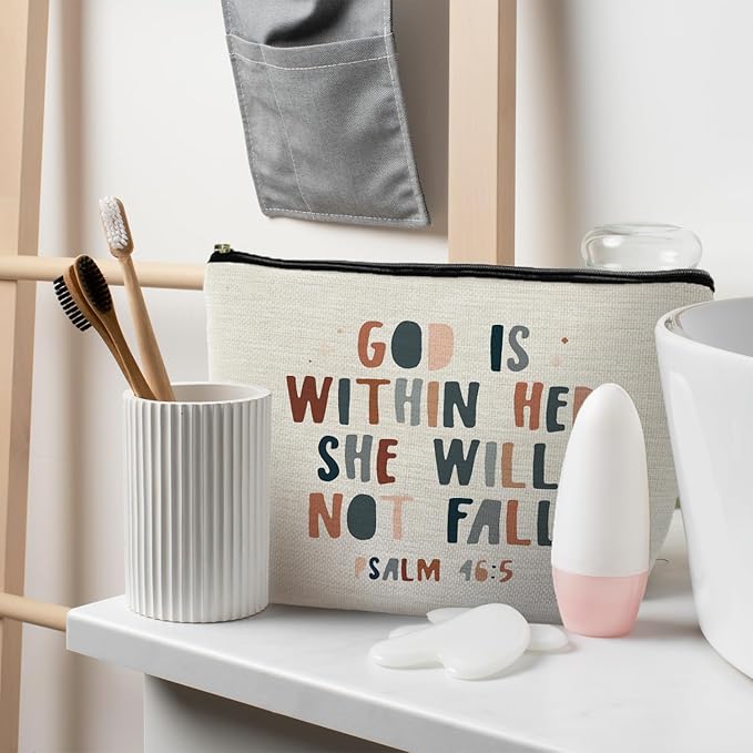 RYYCDOI God is Within Her She Will not Fall Cosmetic Bag, Christian Gifts for Women, Bible Verse Gifts, Christian Makeup Bag, Religious Gifts for Christian Woman Cosmetic Bag Toiletry Bag